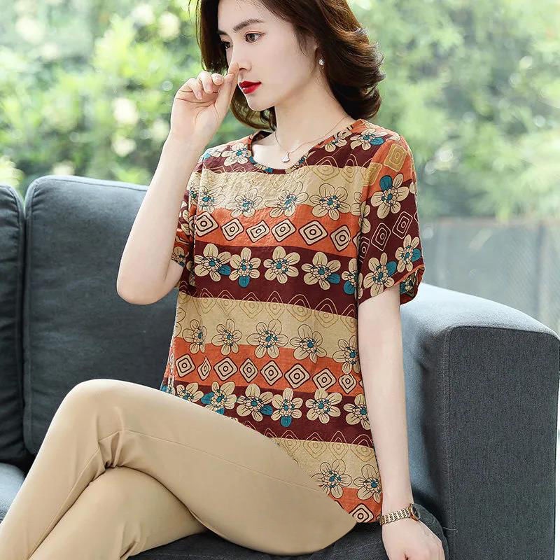 Áo Thun Lụa Lạnh Tay Ngắn Dáng Rộng Sọc Ca Rô Thời Trang Mùa Hè Cho Phụ Nữ Trung Niên