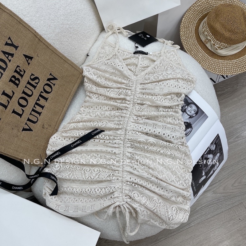 Đầm 2 dây ren rút dây mặc ngoài bikini vân tiny