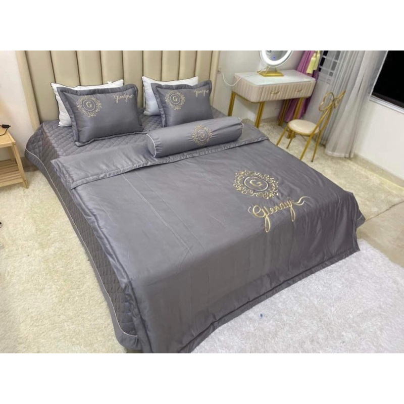 Bộ chăn ga gối phi lụa trần bông combo 5 món thêu sang trọng