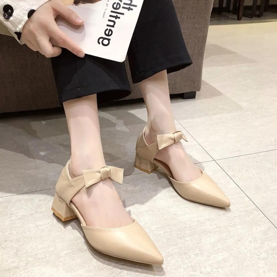 Size 35-43 Large Size Women's Shoes 41 Pointed Toe White High Heels Women's Thick Heel Summer New Style Baotou Bowknot S