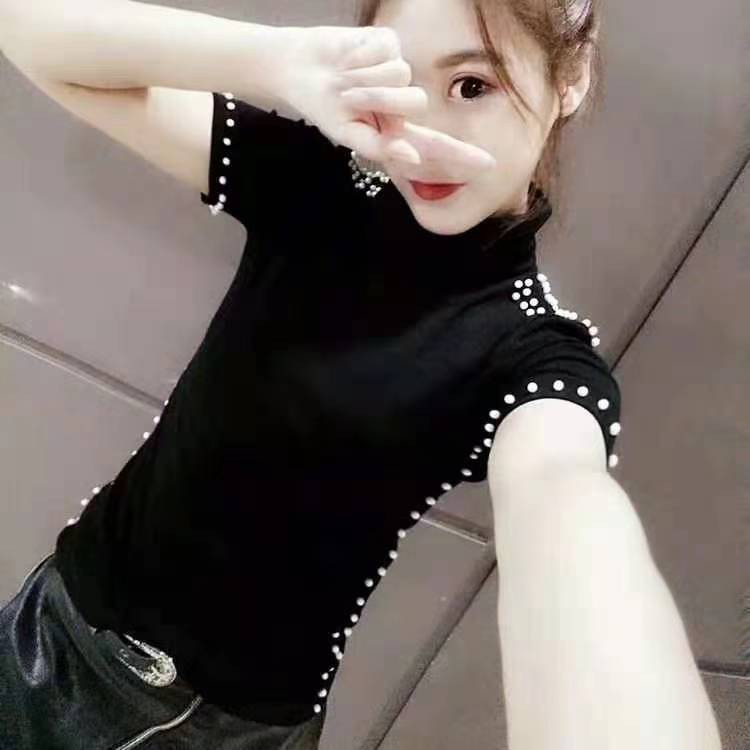 (Q370)Áo nữ cổ cao ngắn tay thiết kế họa tiết đính hạt nổi bật lấp lánh với hai màu đen trắng siêu đẹp dể phối đồ