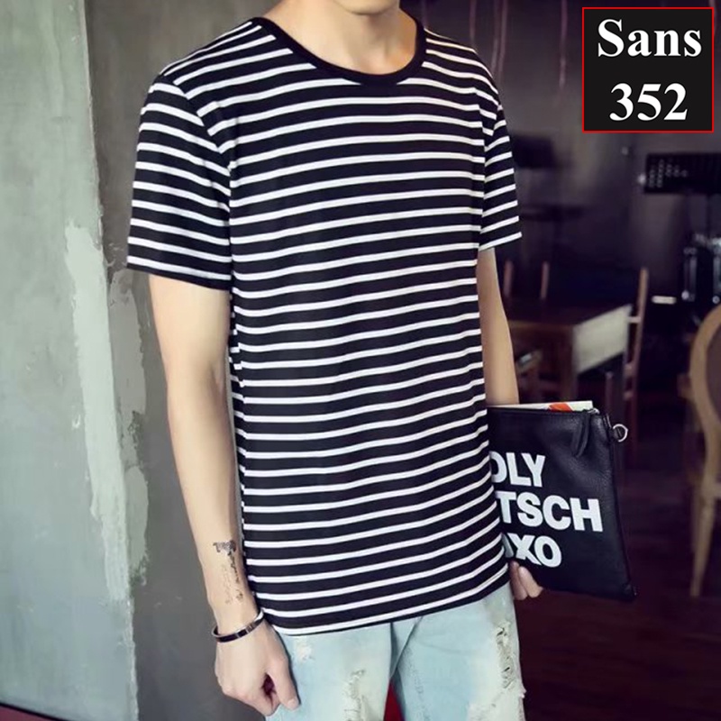 Áo thun nam kẻ sọc ngang Sans352 mềm nhẹ thoáng mát cho mùa hè nóng phông cộc tay ngắn cổ tròn giá rẻ co dãn trắng đen
