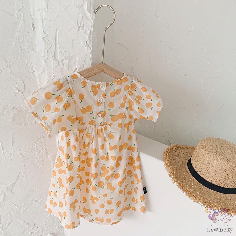 Đầm Tay Ngắn In Hình Quả Cam Dễ Thương Cho Bé Gái