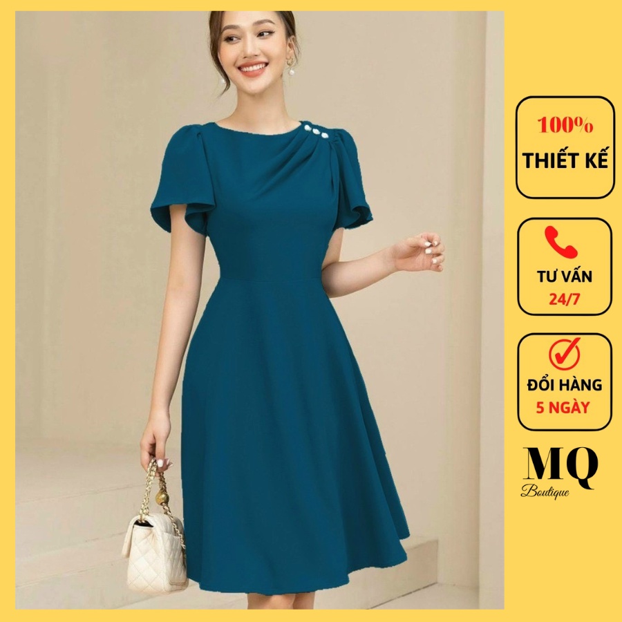 Váy công sở nữ liền thân dáng xòe xếp ly vai đính ngọc ống tay cánh tiên, cổ tròn thiết kế MQ Boutique cao cấp