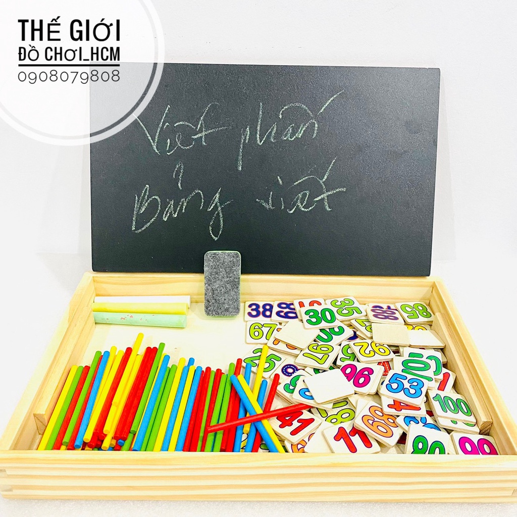 [VỪA HỌC- VỪA CHƠI] Bộ que tính học toán bằng gỗ có kèm thẻ số, bảng viết đen, phấn và đồ bôi thông minh giúp bé học tập