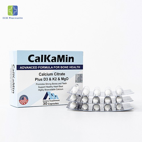 Calkamin - Bổ sung Canxi và vitamin K2, vitamin D3 cho cơ thể, hỗ trợ xương, răng chắc khoẻ - Hộp 30 viên