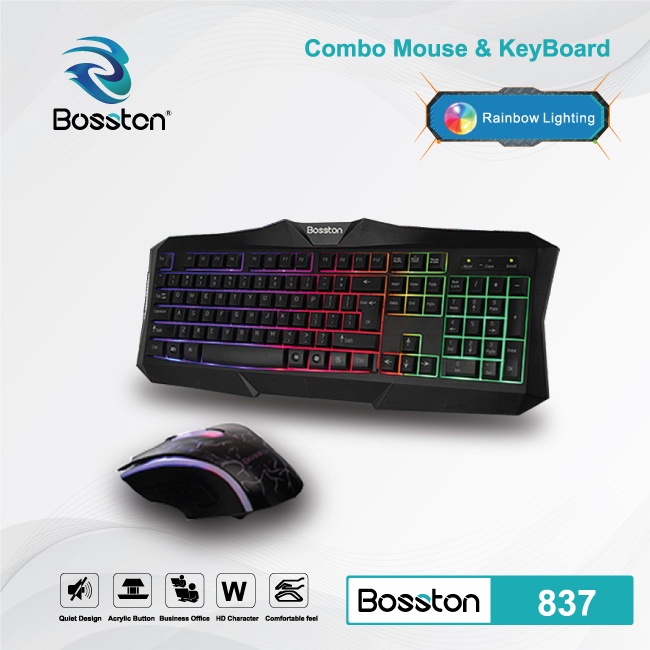 BỘ BÀN PHÍM CHUỘT BOSSTON 837 CÓ LED NỀN ,  CHUYÊN GAME Tặng kèm Lót Chuột LOGITECH.