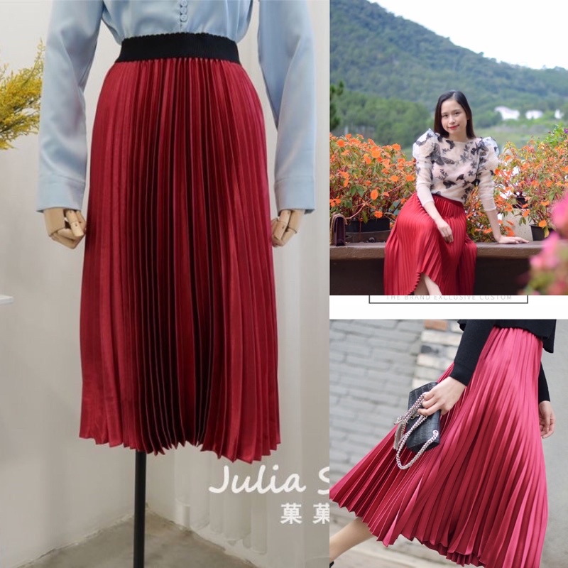 Chân váy xếp ly dài màu đỏ, vải bay mặc bồng bềnh nữ tính( pleated skirt)