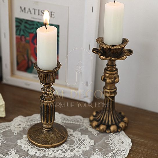 Đế giữ nến, chân nến màu vàng đồng giả cổ decor trang trí phòng khách, phòng ngủ sang trọng - AM Decor