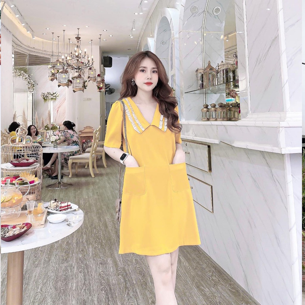 Váy bầu thời trang thiết kế cổ bèo M130 chất đũi hàn freesize từ 45 đến 70kg
