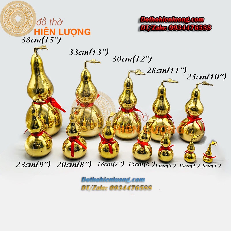 Hồ Lô Phong Thủy Trơn Màu Vàng Bằng Đồng Nguyên Chất Cao 8-10-13-15-18cm