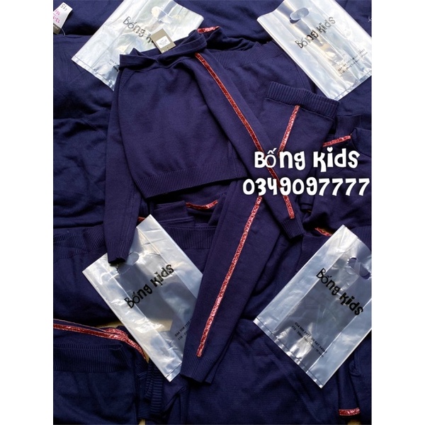 Bộ Len Hoodie Bé Gái Phối Sọc Nhũ Navy PR