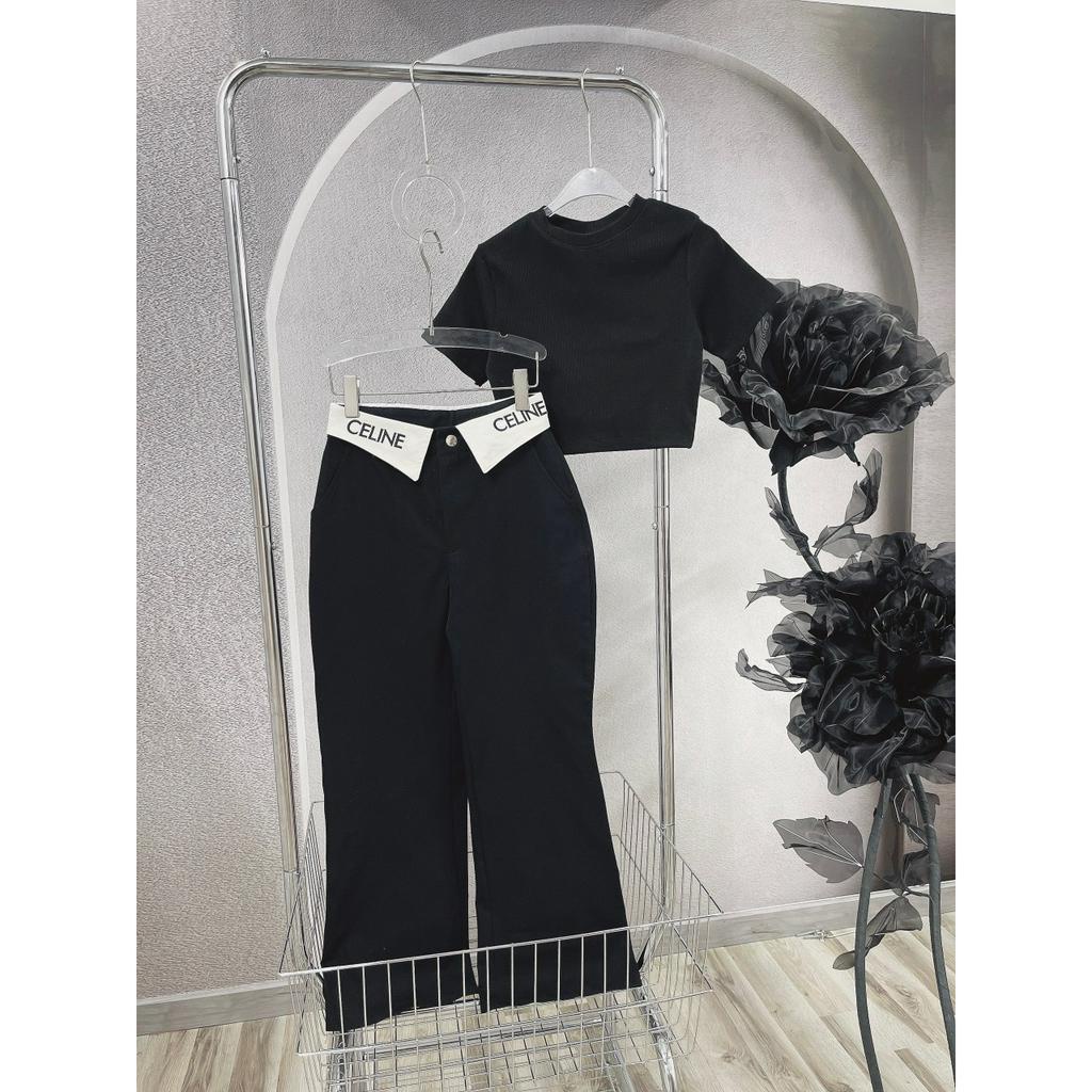 SET ÁO CROPTOP TRƠN + QUẦN SUÔNG VIỀN LẬT LƯNG THÊU CHỮ (TH)