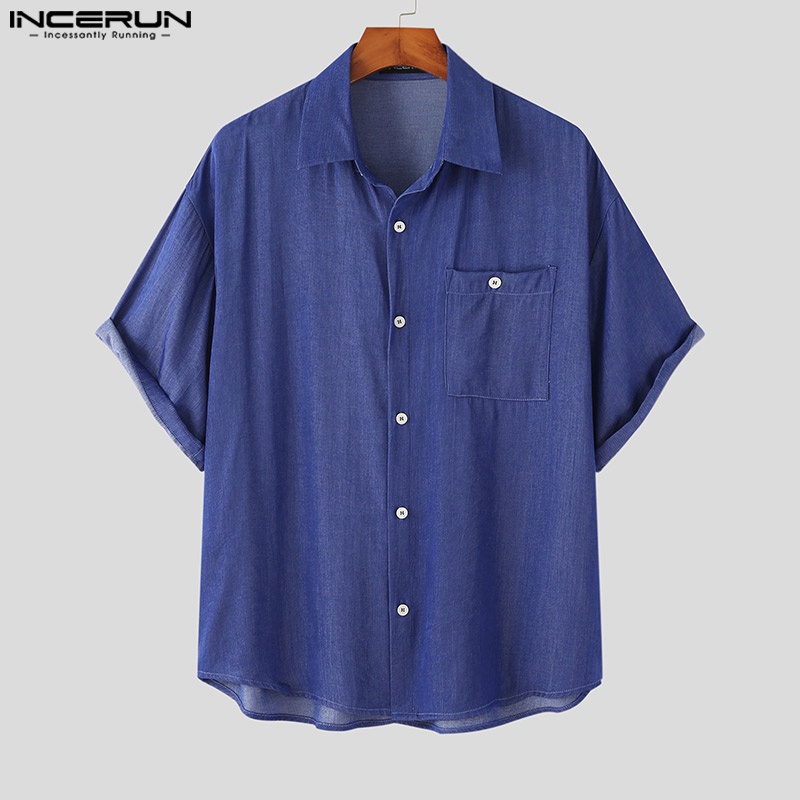 Áo sơ mi INCERUN denim tay ngắn phối nút cài trẻ trung thời trang dành cho nam