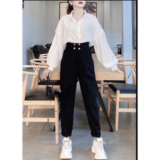 Set Quần Baggy Cạp Cao Sơ Mi Trắng