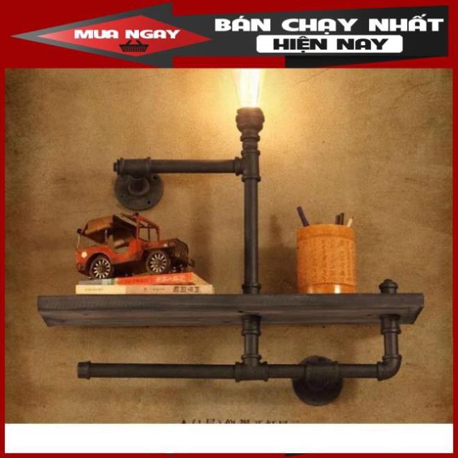 [GIÁ GỐC] kệ treo tường gỗ kệ ống nước Kiêm đèn tường decor vintage bằng ống sắt độc lạ bền đẹp tran