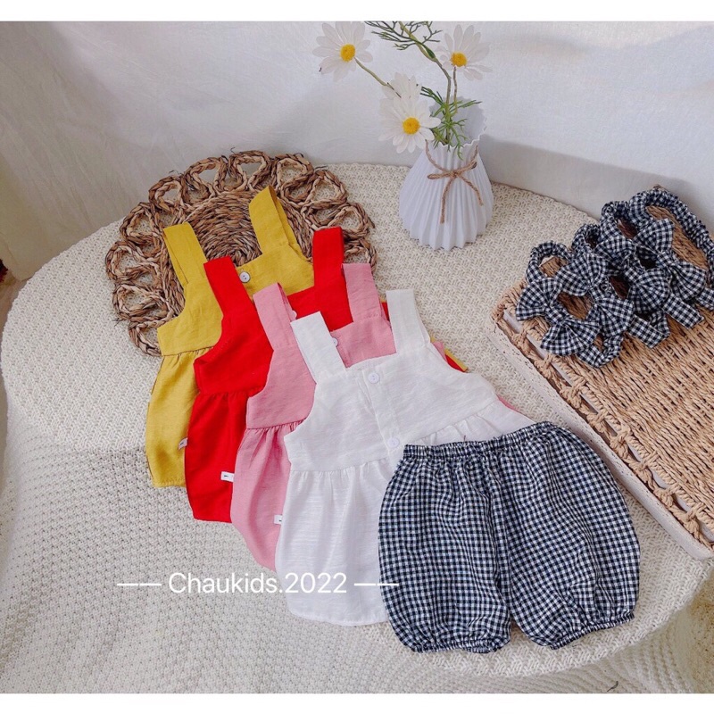 [ XẢ HÀNG] Bộ hè bé gái, bộ áo 2 dây chất đũi cài cúc phối quần thô kẻ và turban cho bé