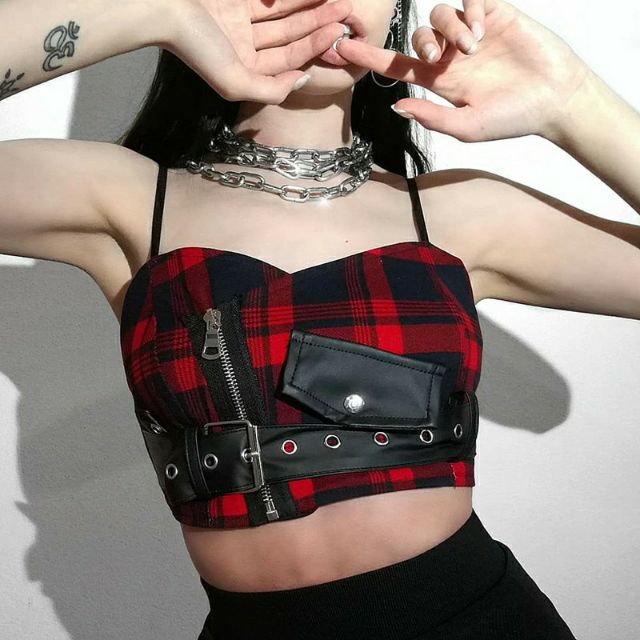 (Sẵn caro M) Áo hai dây croptop dáng bra phối khóa đai khoen phong cách hiphop chic punk dancer cá tính năng động