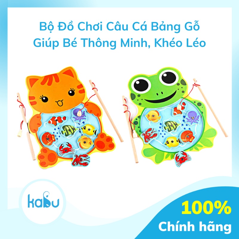 KABU - Bộ Đồ Chơi Câu Cá Bảng Gỗ Hình Con Ếch, Con Mèo Giúp Bé Thông Minh, Khéo Léo