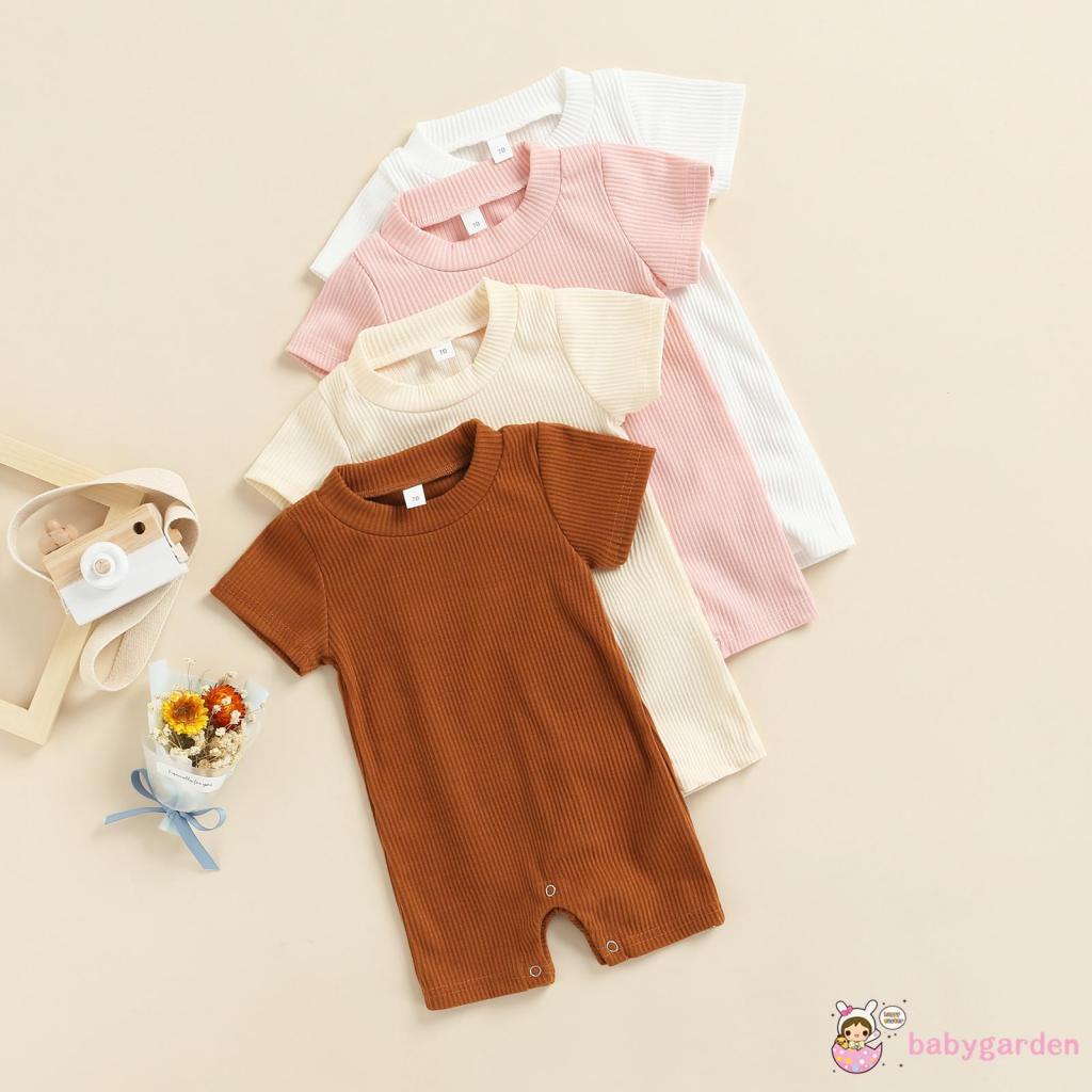 Áo Liền Quần Ngắn Tay Cổ Tròn Màu Trơn Thời Trang Mùa Hè Cho Bé 0-18 Tháng Tuổi