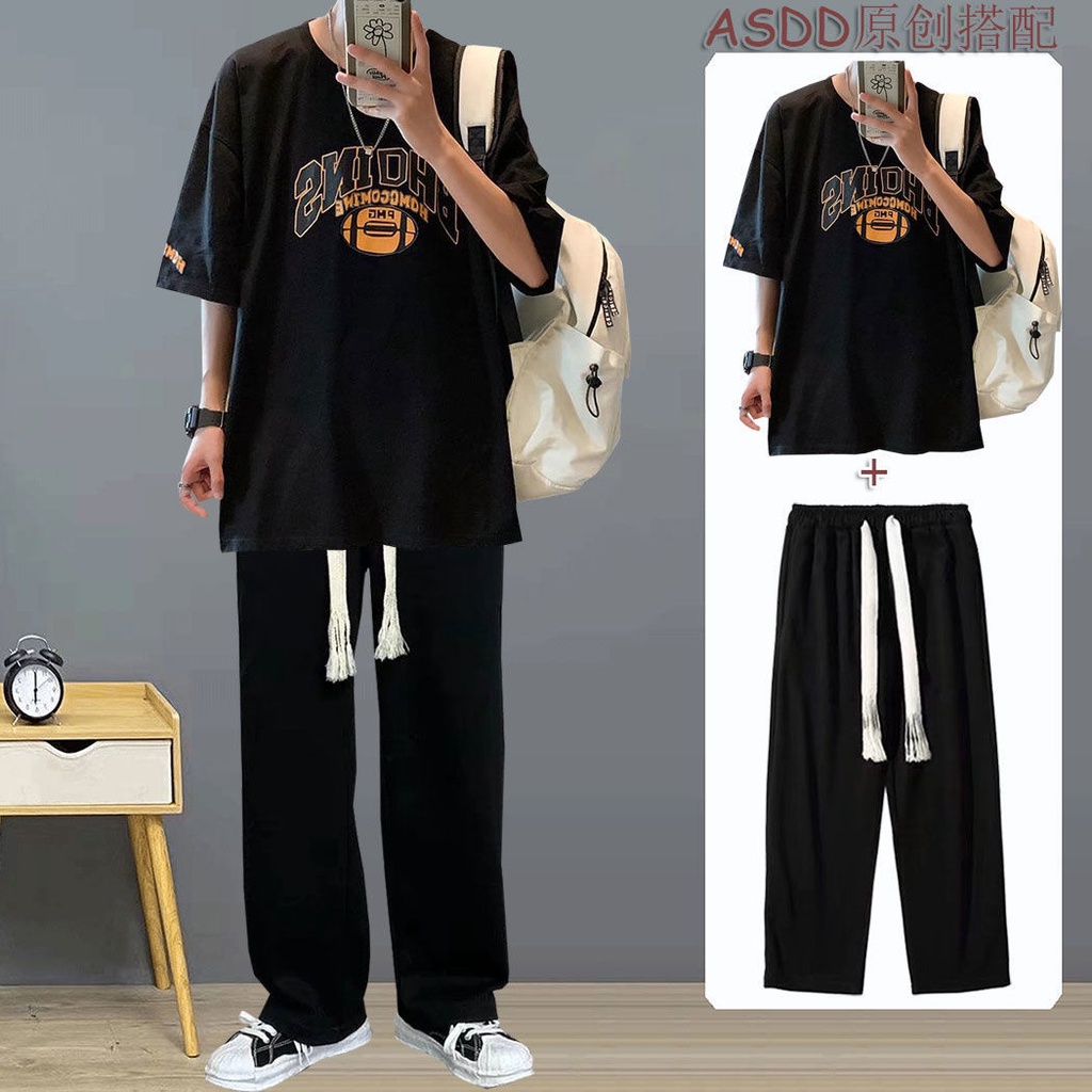 Set Áo Thun Ngắn Tay Form Rộng + Quần Dài Thời Trang Hàn Quốc Cho Nam