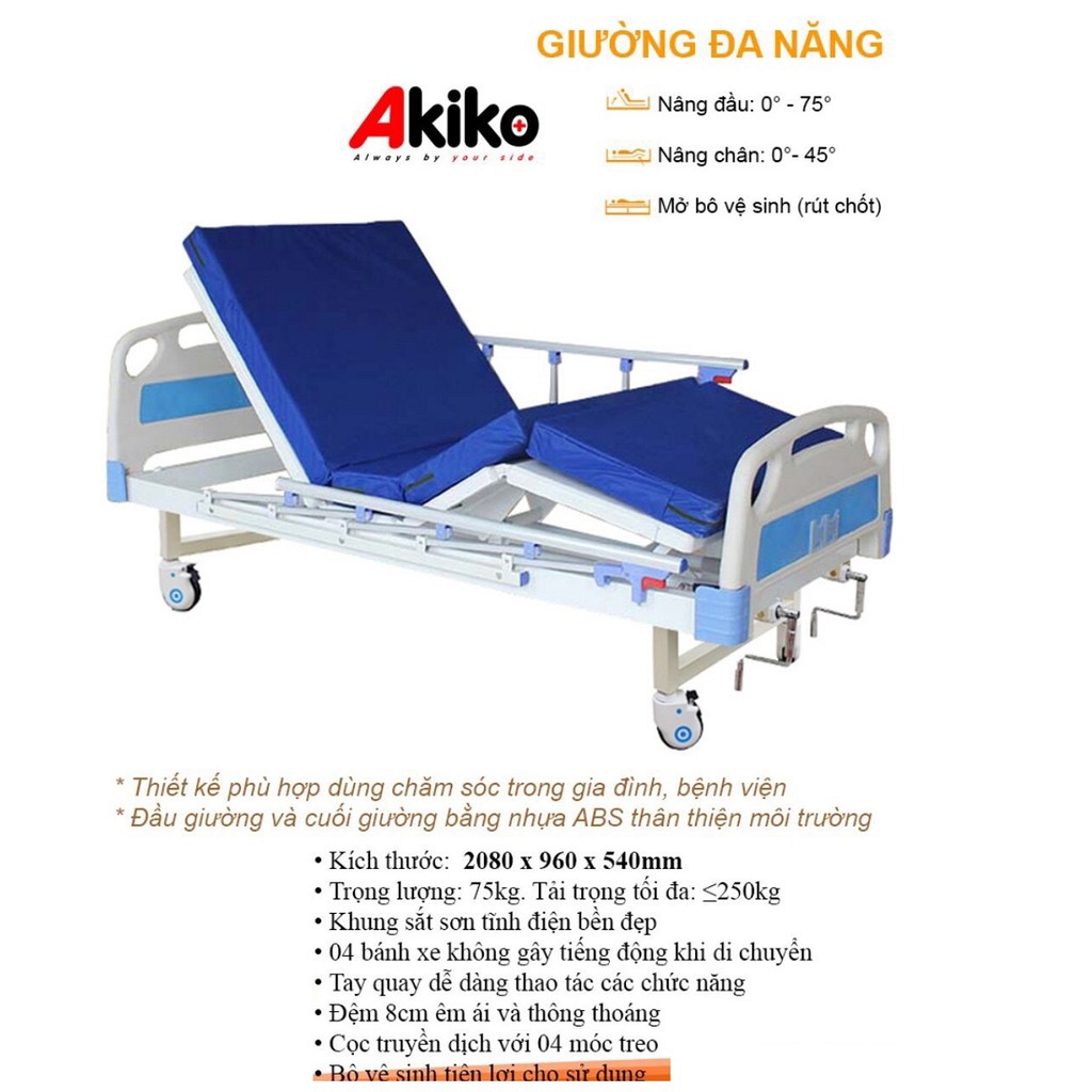 Giường bệnh nhân, giường y tế 2 tay quay A82 Akiko - tặng 01 bộ trải giường - INBOX VỚI SHOP TRƯỚC KHI ĐẶT HÀNG