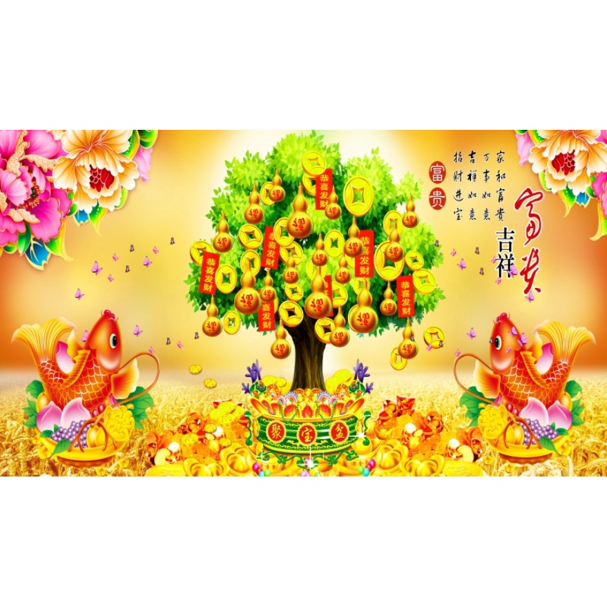 Tranh dán tường cây đồng tiền vàng GL0224 kim sa