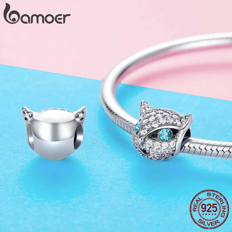 Hạt trang sức Bamoer SCC1131 bằng bạc 925 hình mèo/cáo đính hạt CZ dùng làm trang sức sang trọng