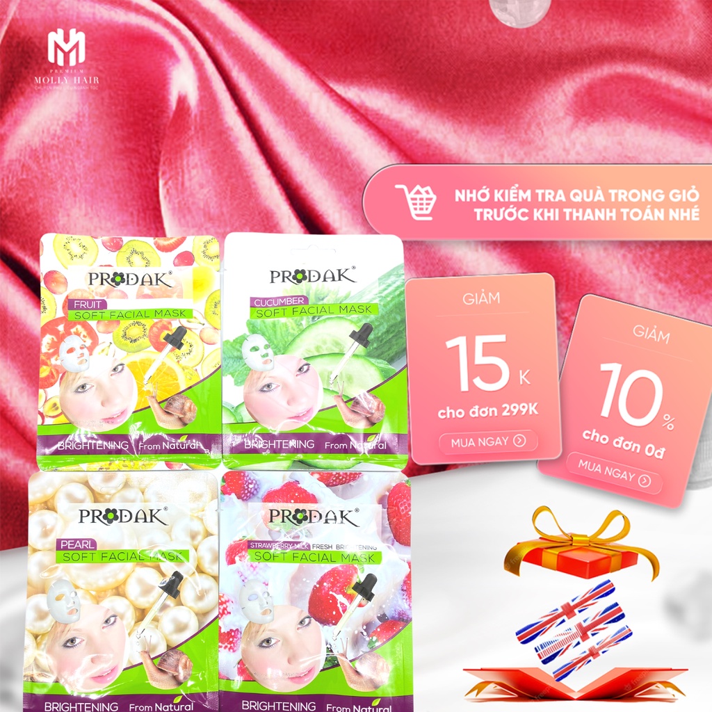Mặt nạ giấy dưỡng ẩm, dưỡng trắng MollyHair Prodak tinh chất thiên nhiên cao cấp (Ngọc trai, Dâu Tây, Dưa leo, Trái cây)