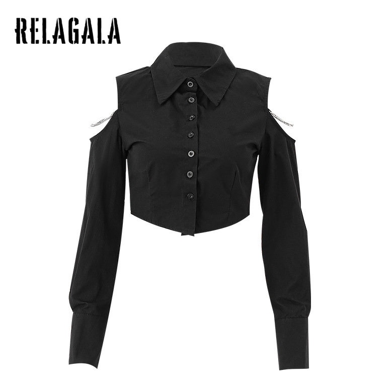 Relagala Áo Khoác Cardigan Tay Dài Phối Dây Xích Trang Trí Cho Nữ