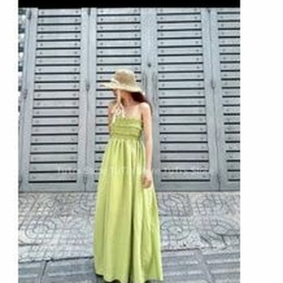 Váy maxi hai dây chun ngực có dây buộc nơ sau lưng