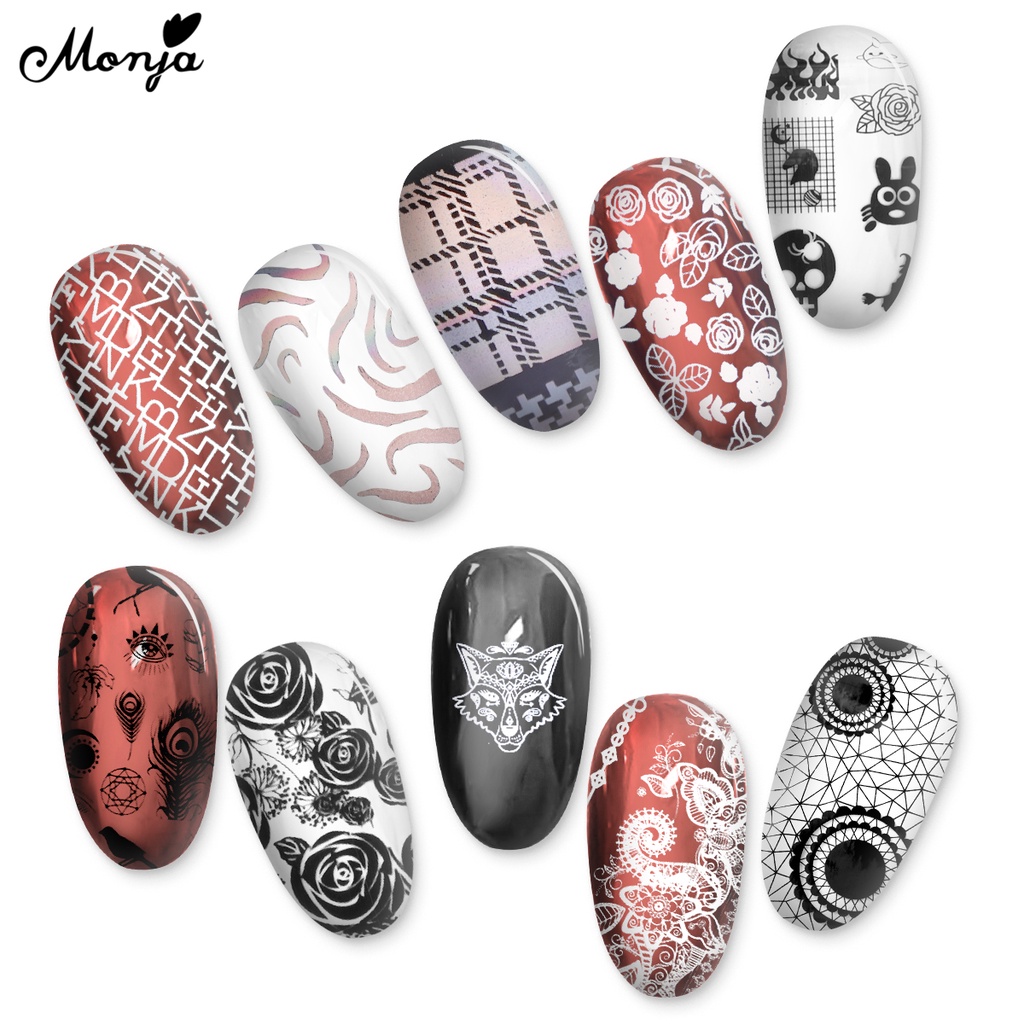 MONJA Bộ 6 Miếng Dán Trang Trí Móng Tay Họa Tiết Ren Màu Trắng Đen Thời Trang