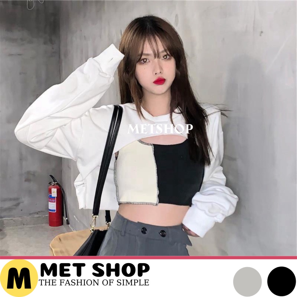 Sét áo croptop khoét ngực kèm áo 3 lỗ phối màu, set áo crt 2 món áo ngoài kèm áo trong chất zip cotton dầy mịn -METSHOP