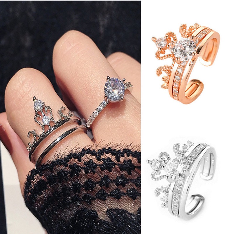 Set nhẫn hợp kim hình vương miện đính đá 2 trong 1 thời trang cho nữ