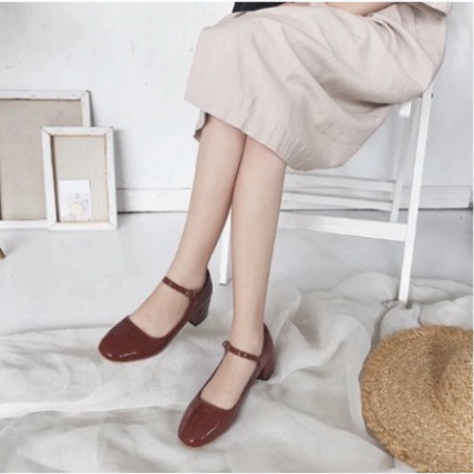 G016 Giày búp bê Marry Jane 5 cm da bóng full box