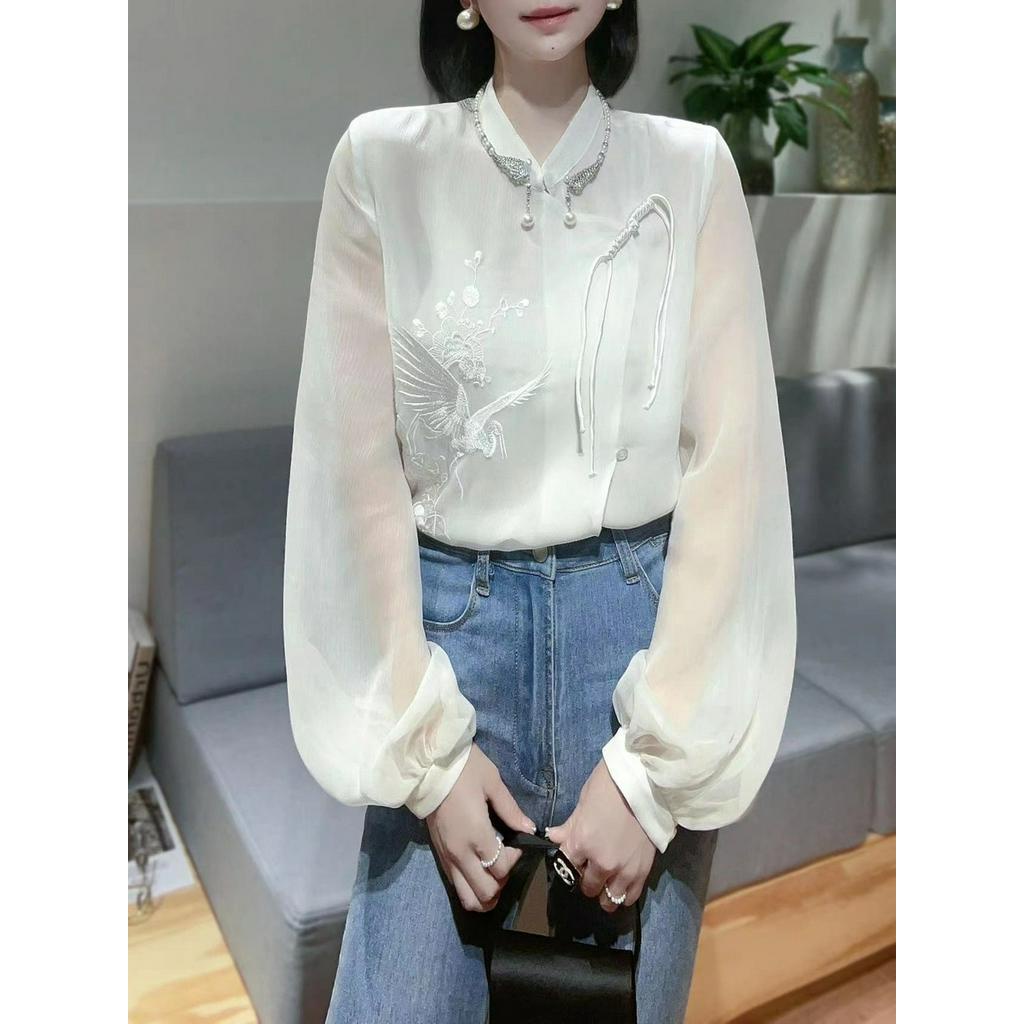 Áo Sơ Mi Vải Lụa Satin Dáng Rộng Cài Khuy Thêu Họa Tiết Phong Cách Trung Hoa Cổ Điển Thời Trang Mới 2023