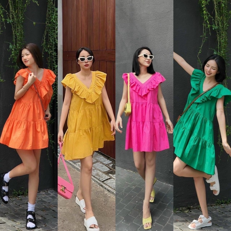 ĐẦM NHÚNG BÈO CỔ V FORM RỘNG TAY CÁNH TIÊN