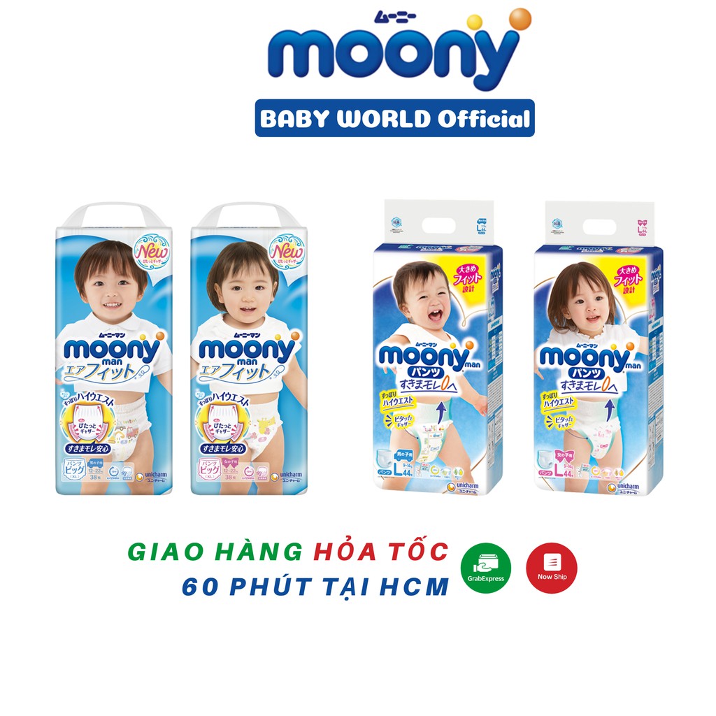 Tã bỉm moony tiêu chuẩn nội địa nhật, tả dán/quần moony xanh từ sơ sinh size NB90/S84/M64/M58/L54/L44/XL38