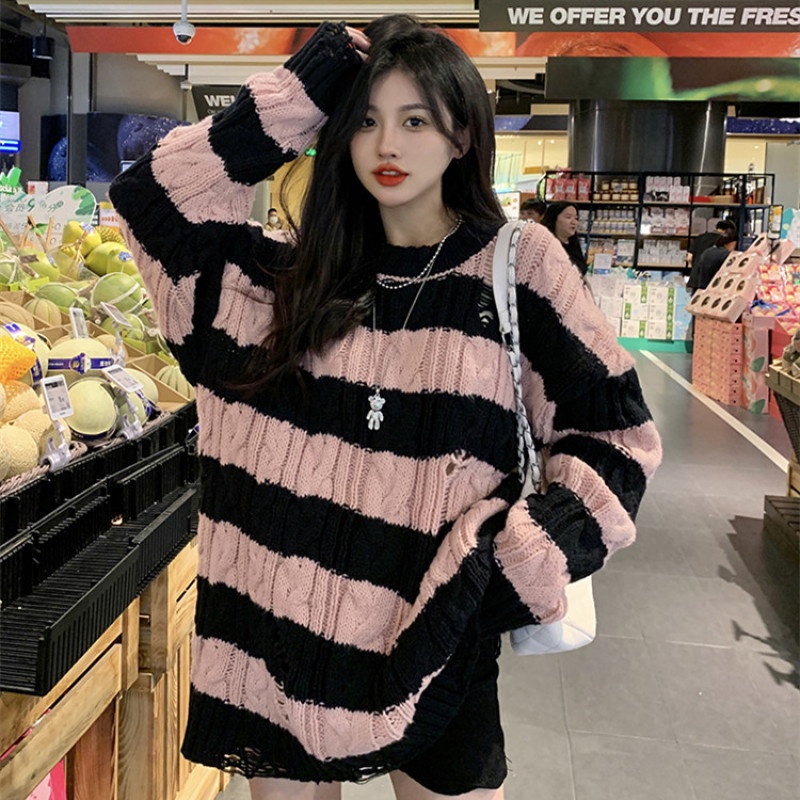 Áo Len Tay Dài Họa Tiết Kẻ Sọc Thời Trang Mùa Thu Dễ Phối Đồ Cho Nữ