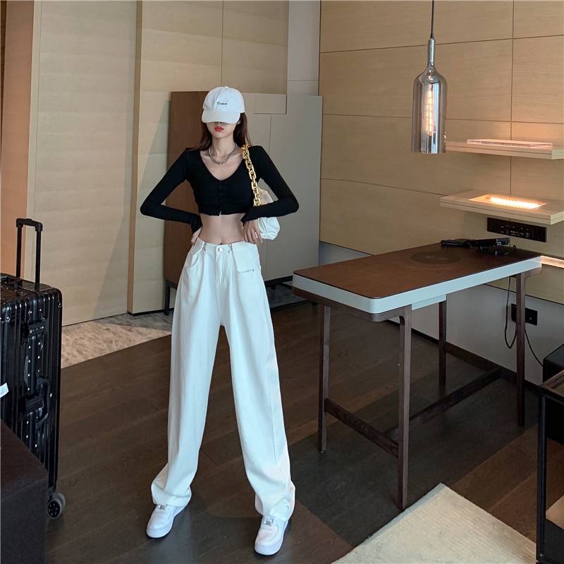 Cocory vn Quần jeans lưng cao ống rộng thời trang cho nữ