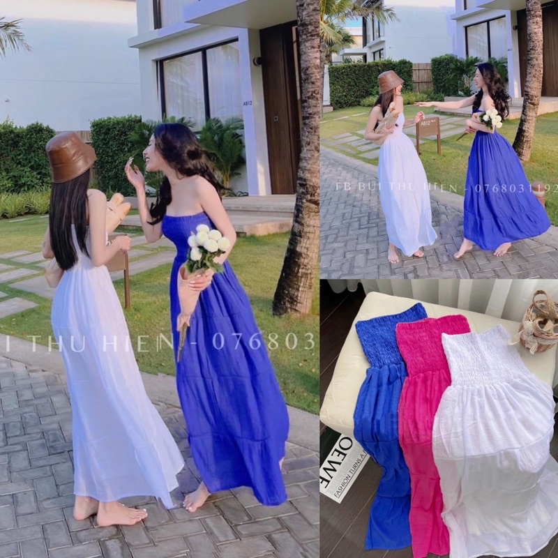 Đầm Maxi Tiểu Thư Đi Biển Du Lịch Bo Chun Cúp Ngực