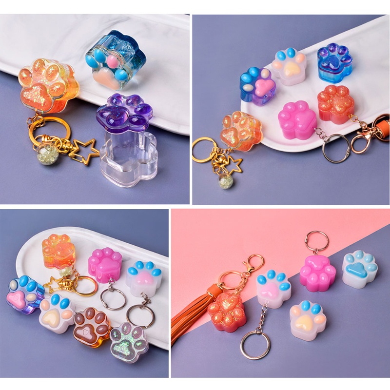 Khuôn silicone đổ resin epoxy 4 ngăn hình trái tim bàn chân mèo làm móc khóa gương mặt trang sức DIY