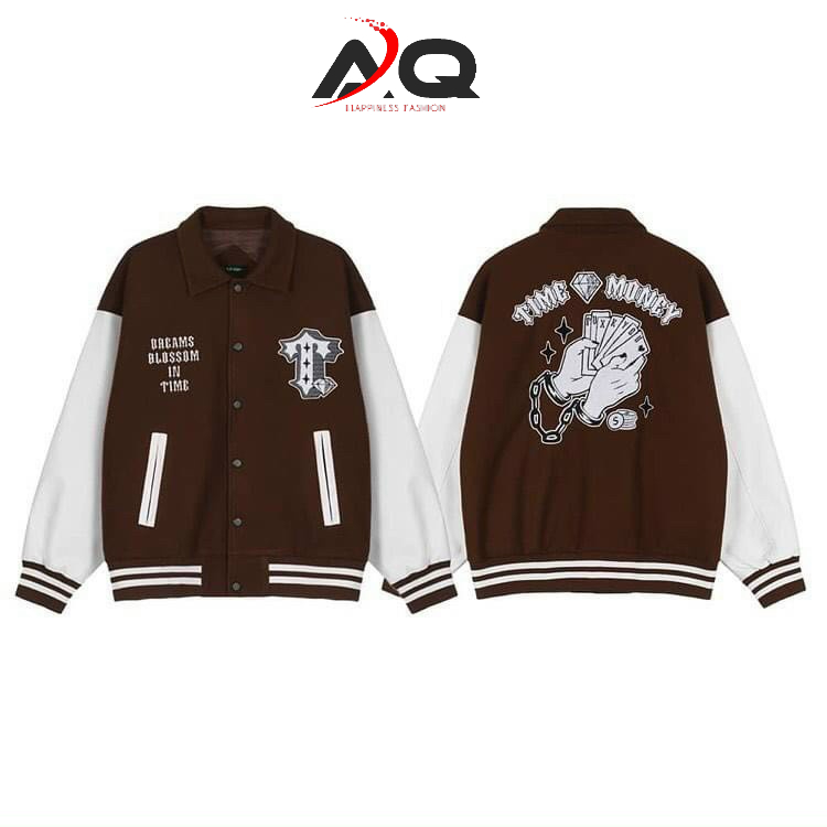 Áo Hoodie áo khoác bomber bóng chày TIME MONEY màu nâu Nam Nữ Cực Đẹp Unisex - QSTORE
