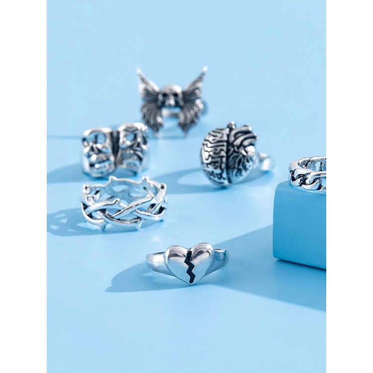 Set 7 Nhẫn Hình Rắn / Dơi / Đầu Lâu Phong Cách Hip hop Cổ Điển Cho Nam JP5