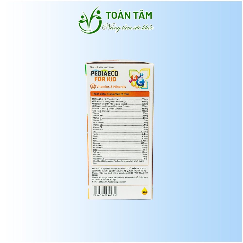 Siro bổ sung vitamin tổng hợp PEDIAECO FOR KID 22 vitamin & Minerals cho bé, tăng đề kháng Toàn Tâm