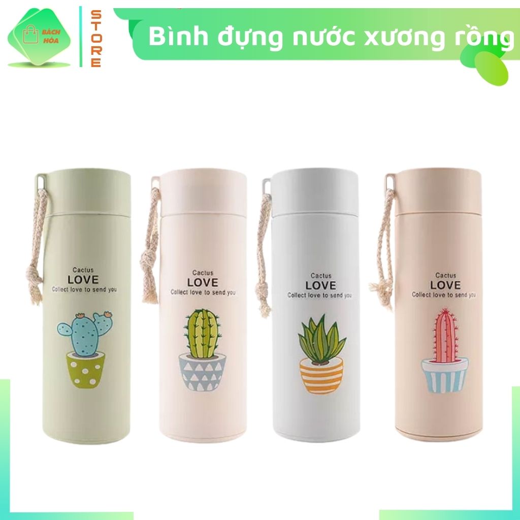 Bình Giữ Nhiệt Lõi Thủy Tinh Bọc Nhựa In Hình Xương Rồng, Bình Đựng Nước Cá Nhân Cute