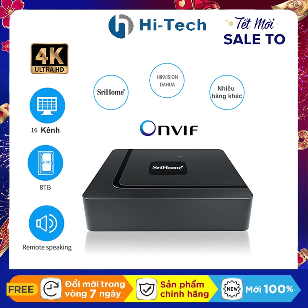 Đầu ghi hình camera IP 16 kênh 8MP/4K Srihome  cho camera dahua, imou, care cam,Yoosee ,V380 hỗ trợ 