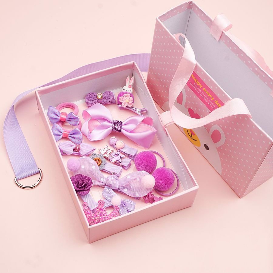 Hộp kẹp tóc quà tặng cho bé gái 18 phụ kiện siêu dễ thương iLita phong cách Hàn Quốc đủ màu (Hồng, Đỏ, Tím)