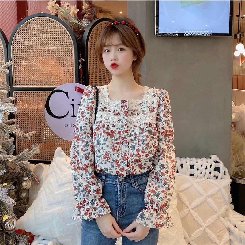 Áo kiểu BH cổ vuông tay dài phối ren phong cách Pháp cổ điển thời trang cho nữ