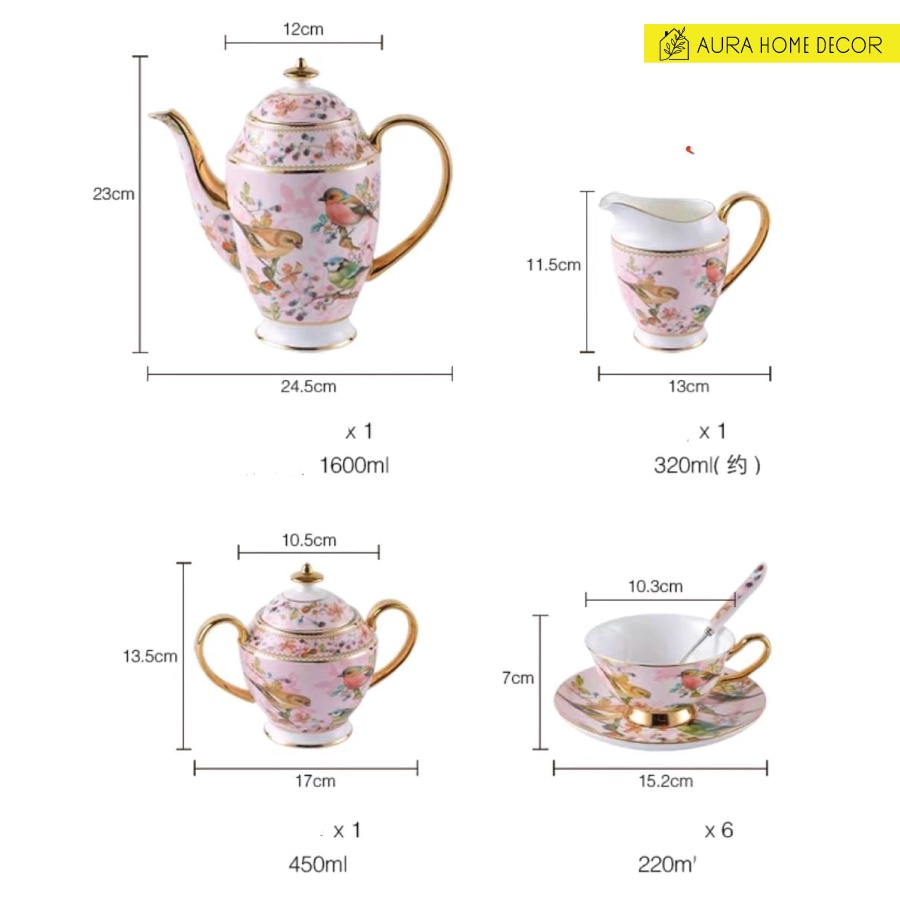 Bộ ấm chén 21 món sứ xương Bone china cao cấp bậc nhất, họa tiết hoa anh đào và chim - Chuẩn mực của sự sang chảnh